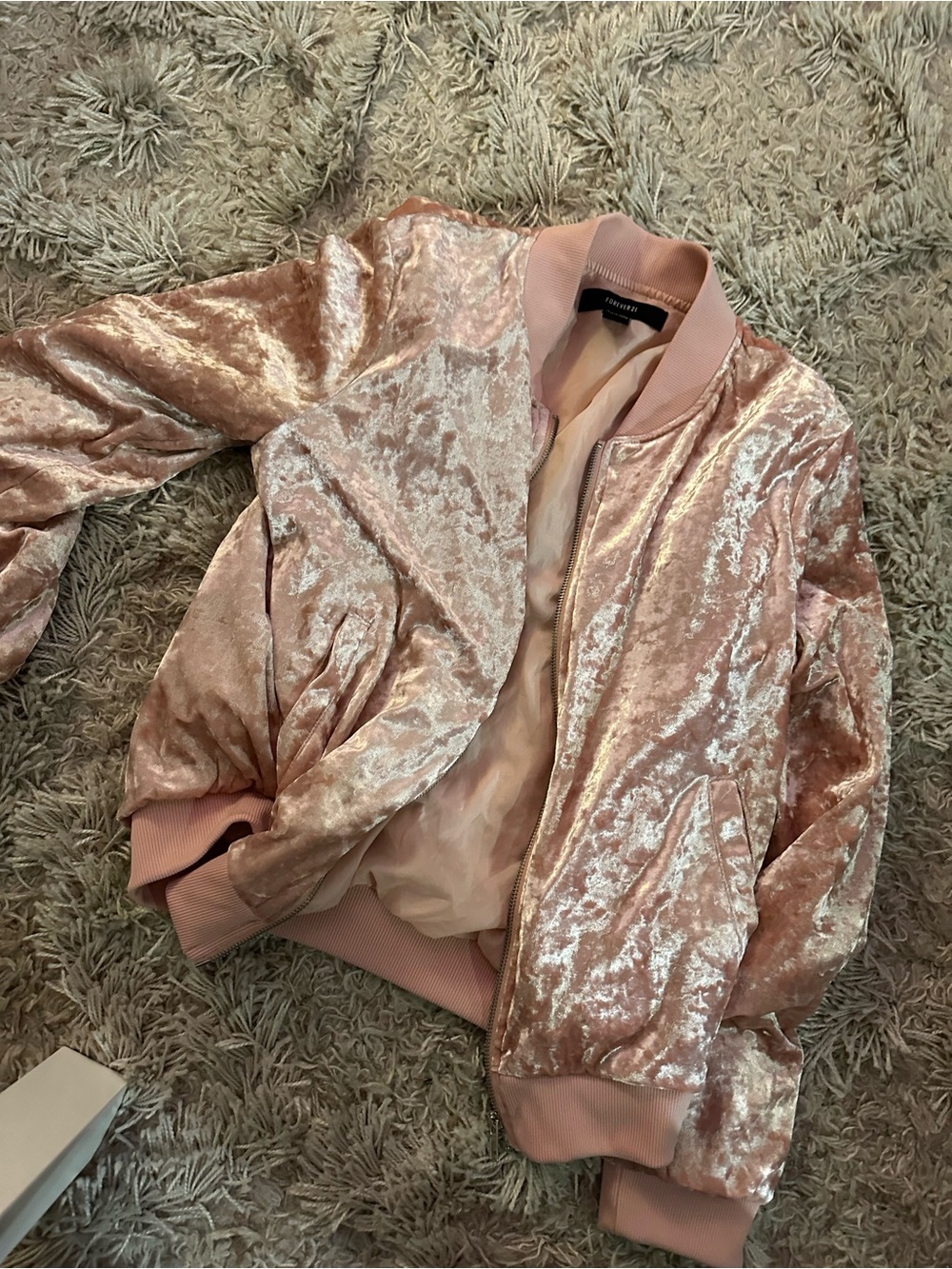 Forever 21 Crushed Velvet Pink Bomber Jacket